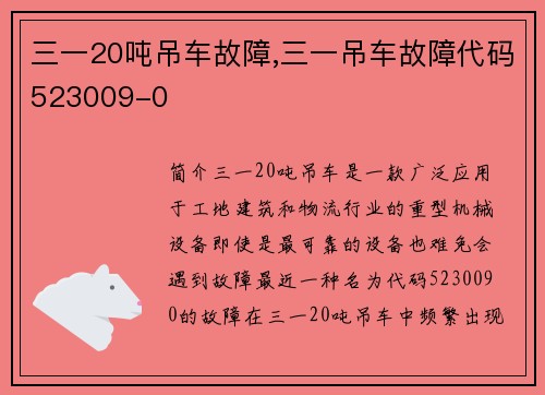 三一20吨吊车故障,三一吊车故障代码523009-0